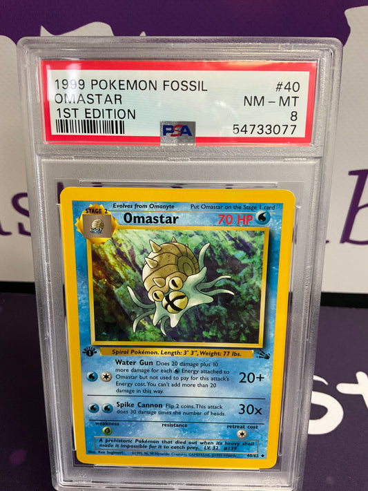 1999 Pokémon Fossil Omastar 1st Edition PSA 8